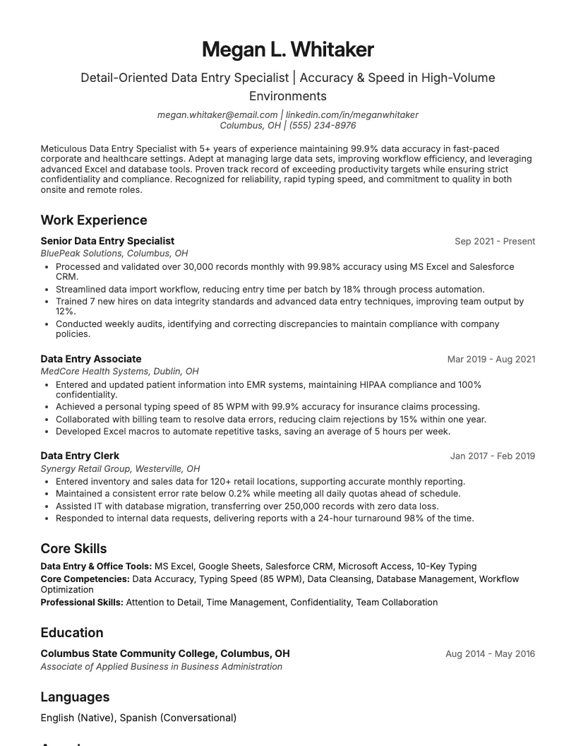 Data Entry Specialist Resume Example