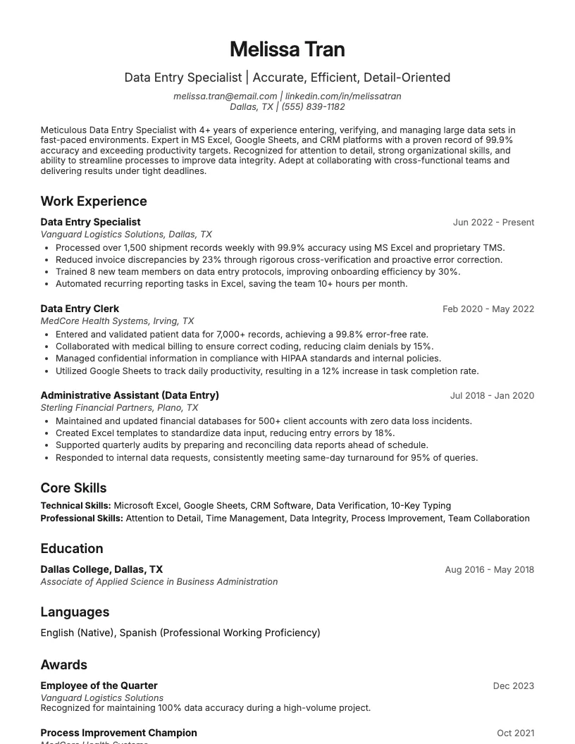 Data Entry Resume Example