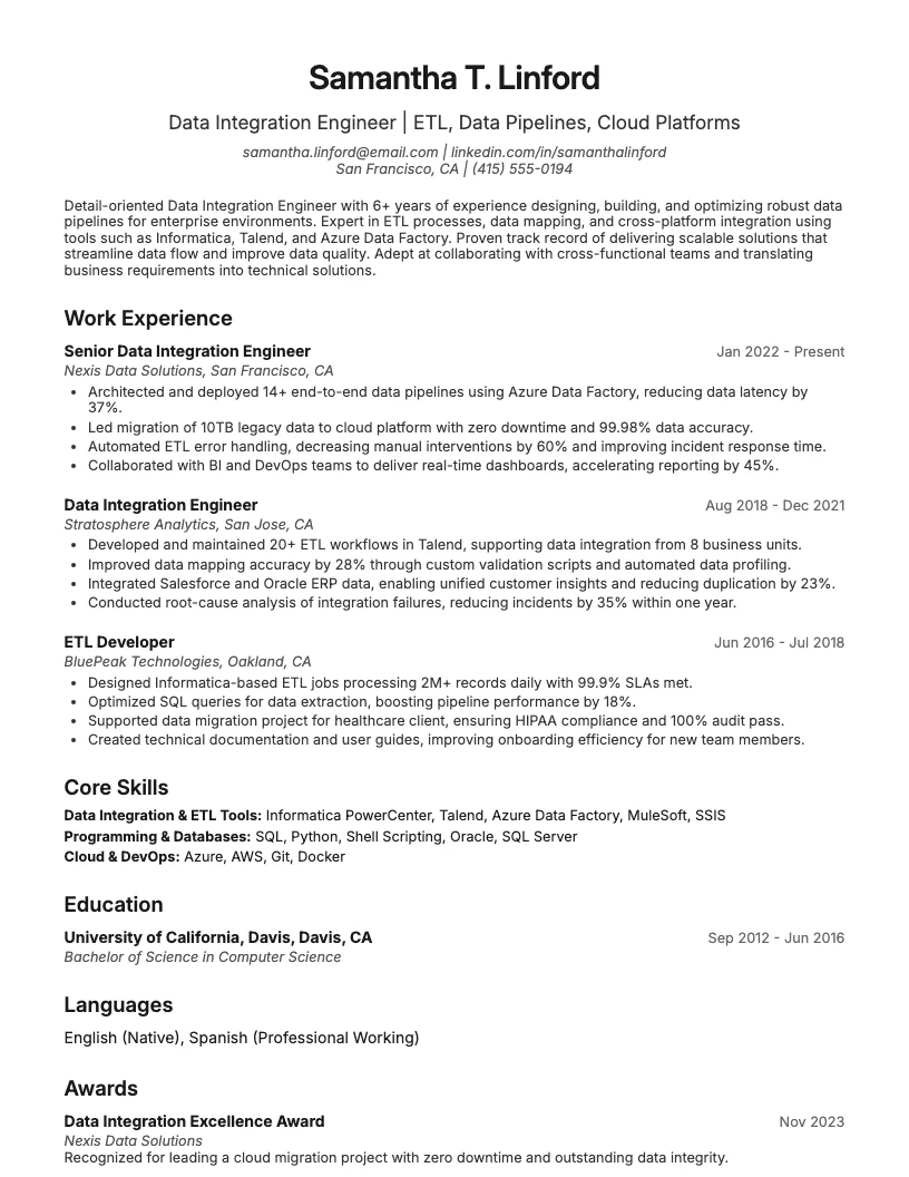 Data Integration Engineer Resume Example