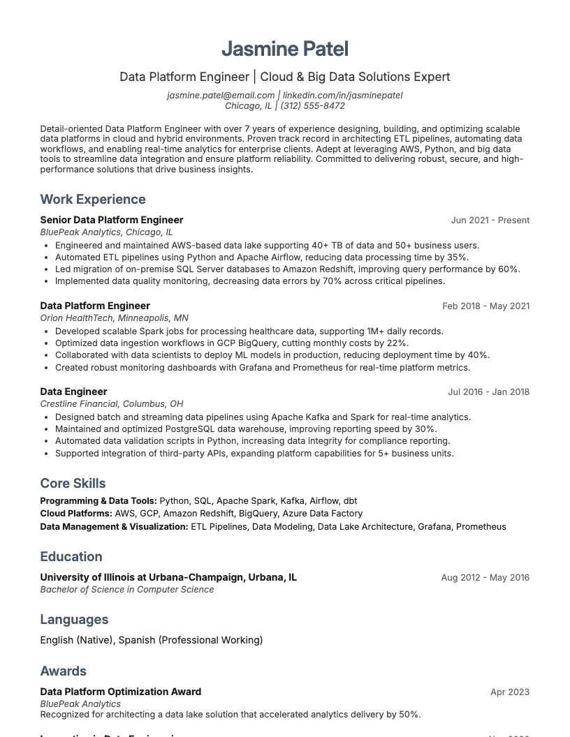 Data Platform Engineer Resume Example