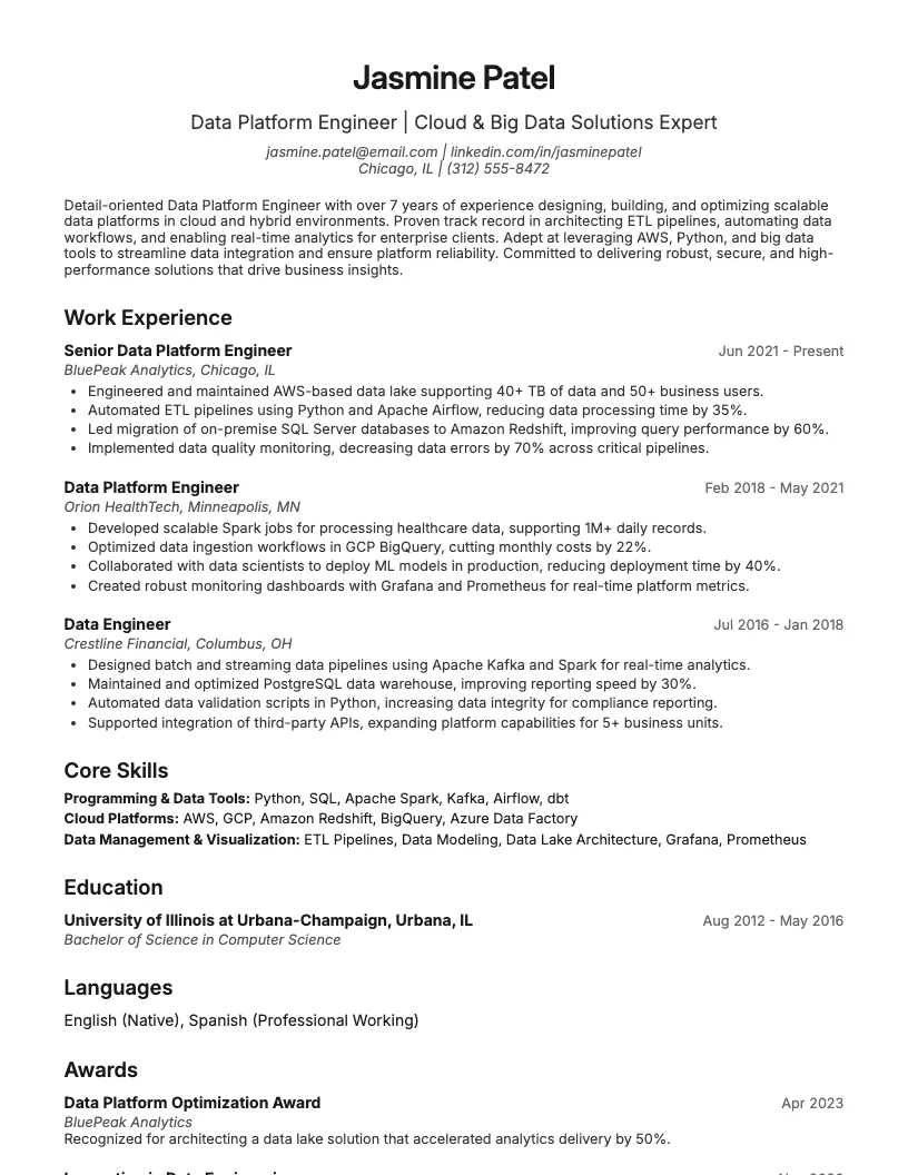 Data Platform Engineer Resume Example