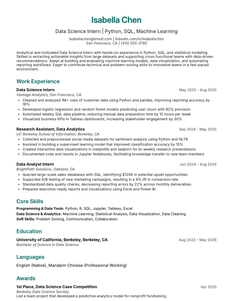 Data Science Intern Resume Example