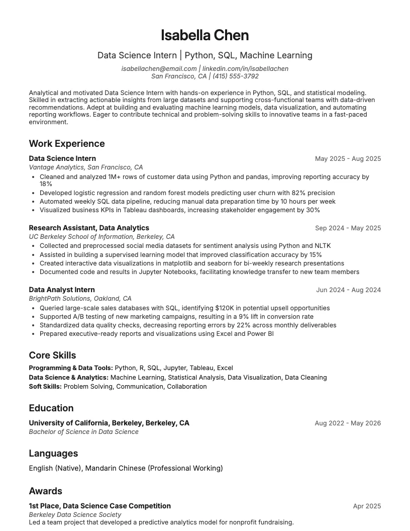 Data Science Intern Resume Example
