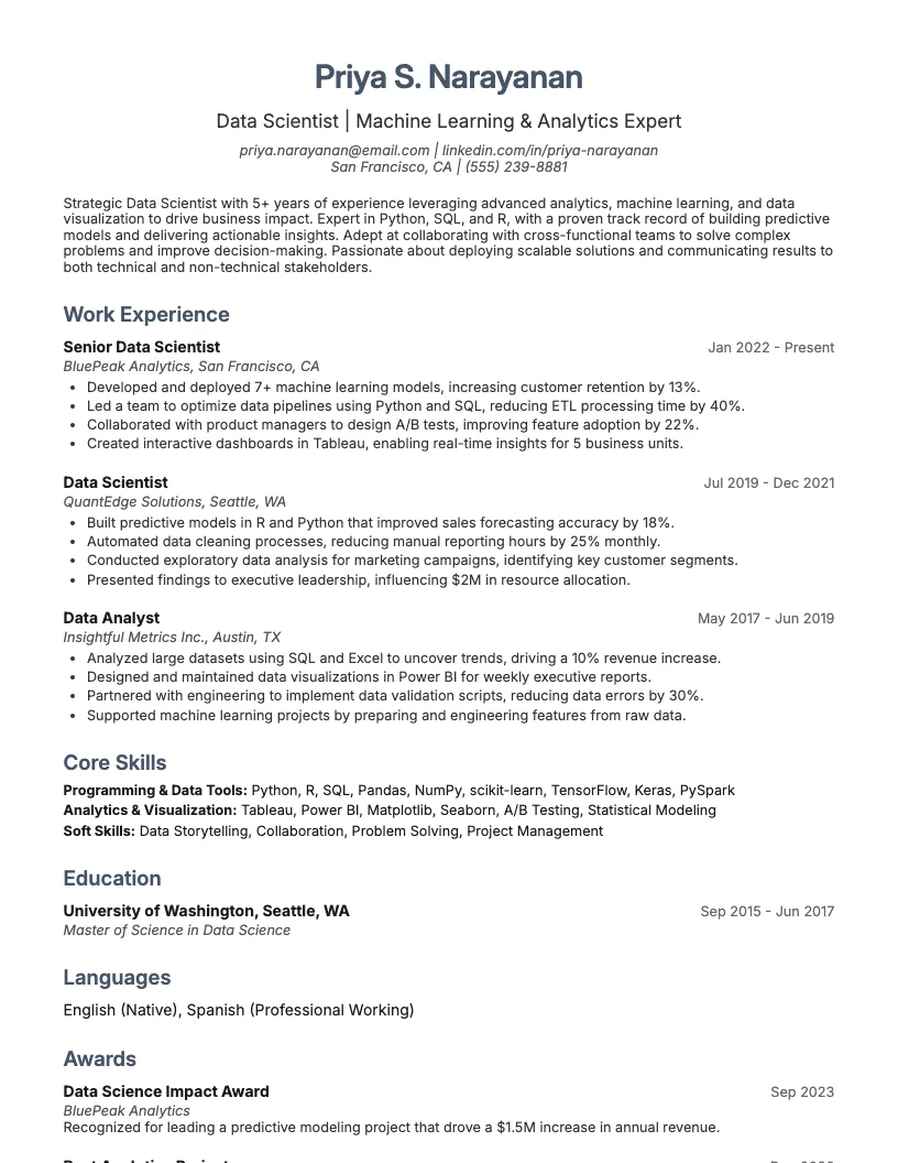 Data Scientist Sample Resume Resume Example