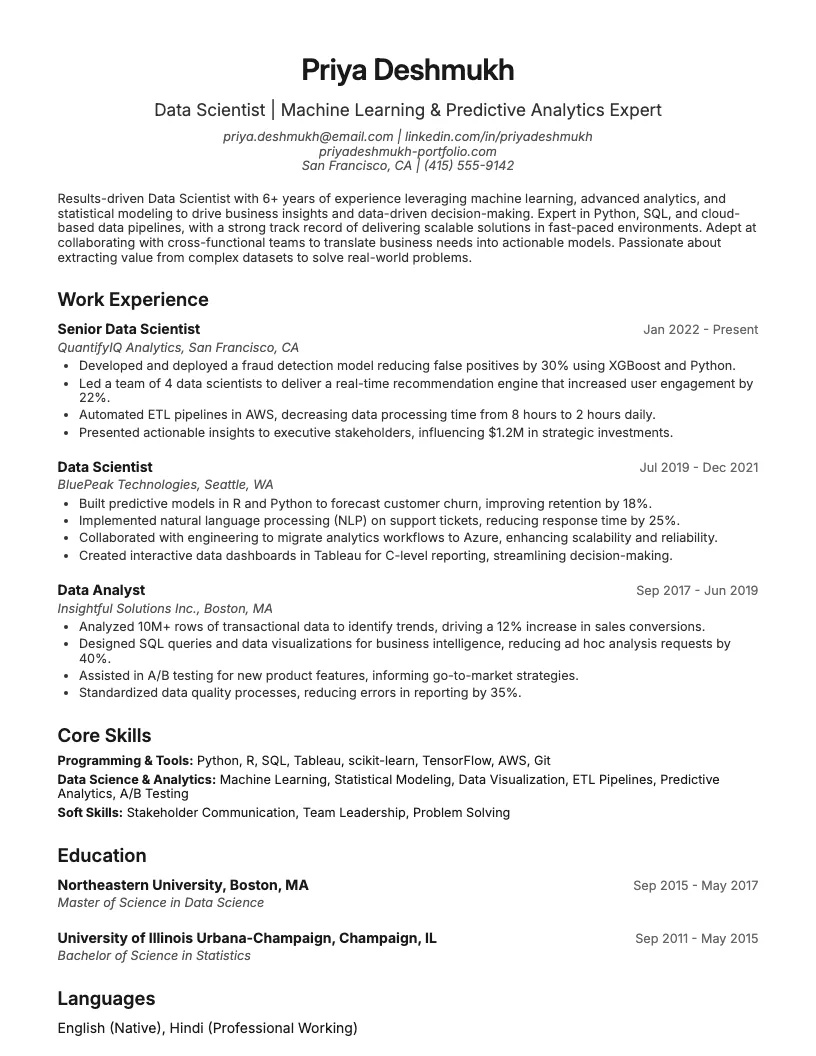 Entry Level Data Scientist Resume Example