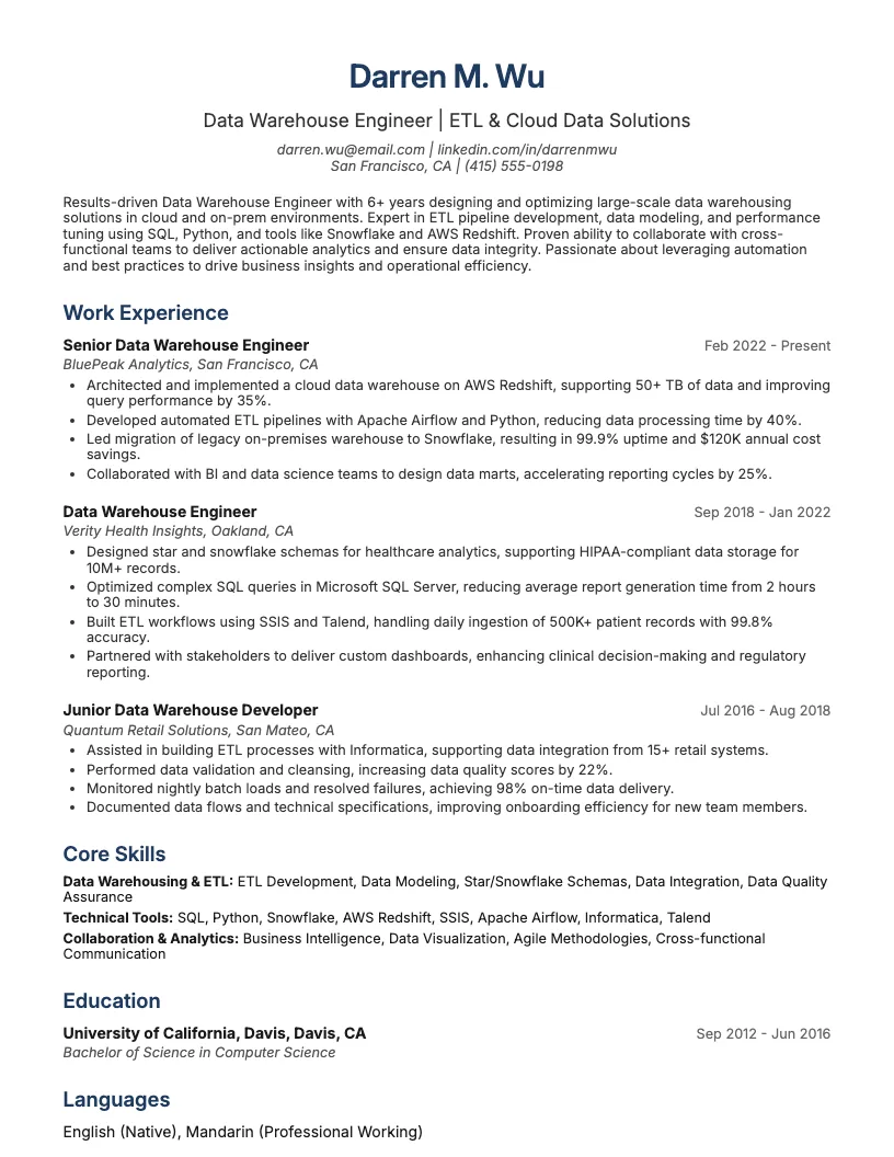Data Warehouse Engineer Resume Example