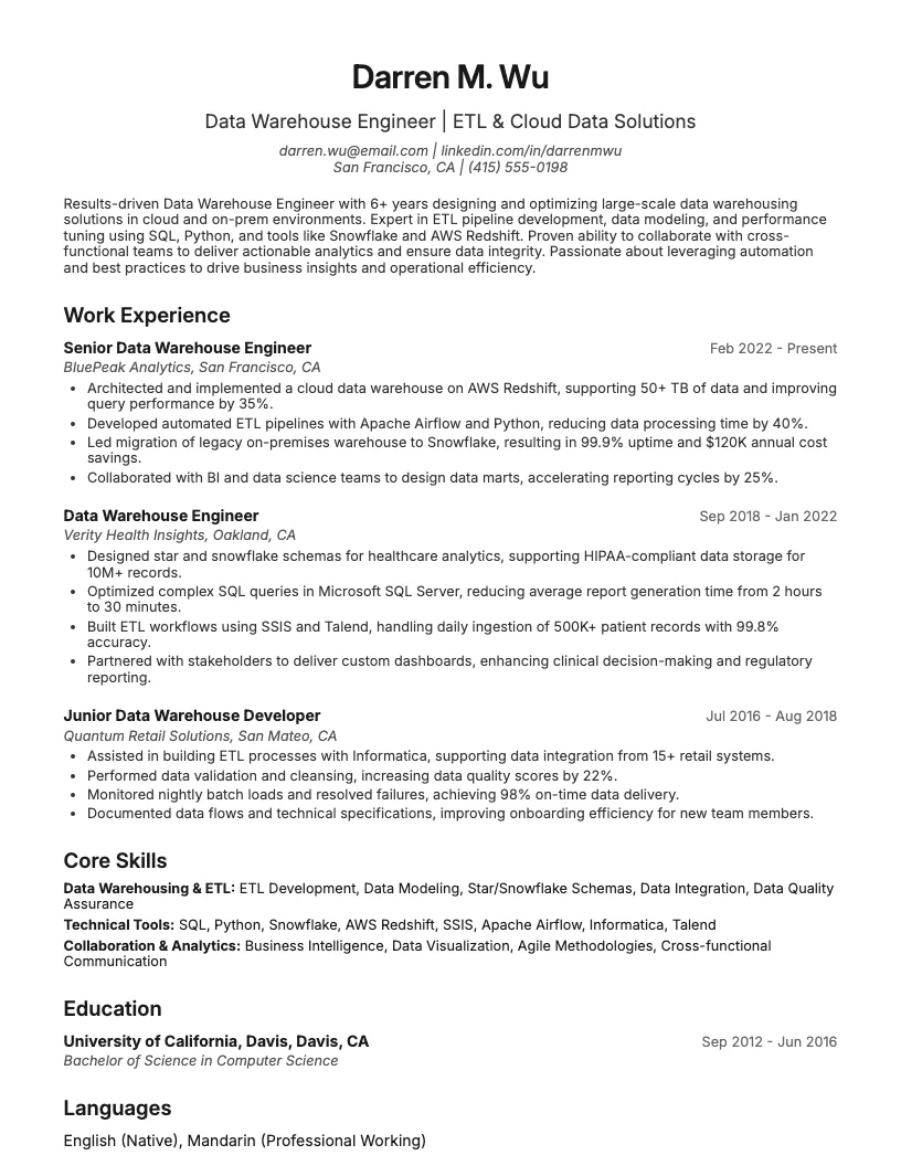 Data Warehouse Engineer Resume Example