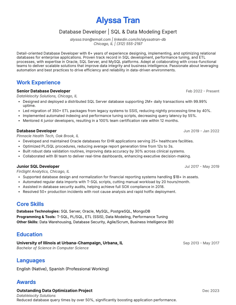 Database Developer Resume Example