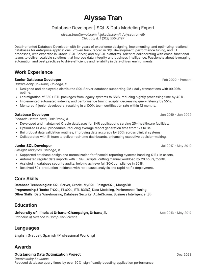 Database Developer Resume Example