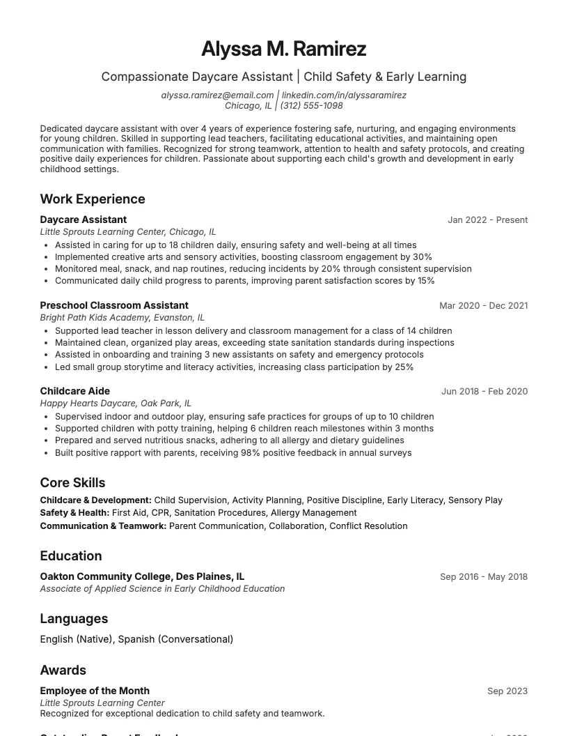 Daycare Assistant Resume Example