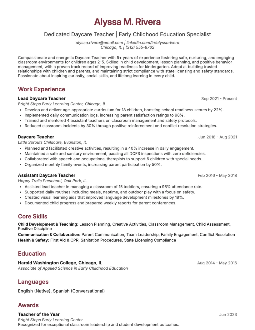 Daycare Teacher Resume Example