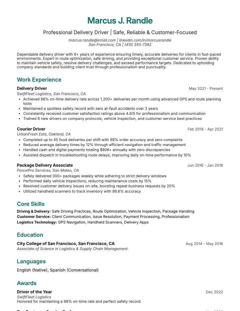 Delivery Driver Resume Example
