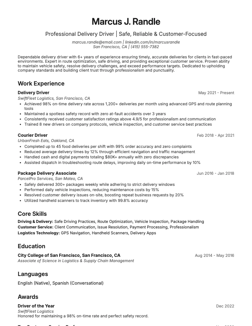 Delivery Driver Resume Example