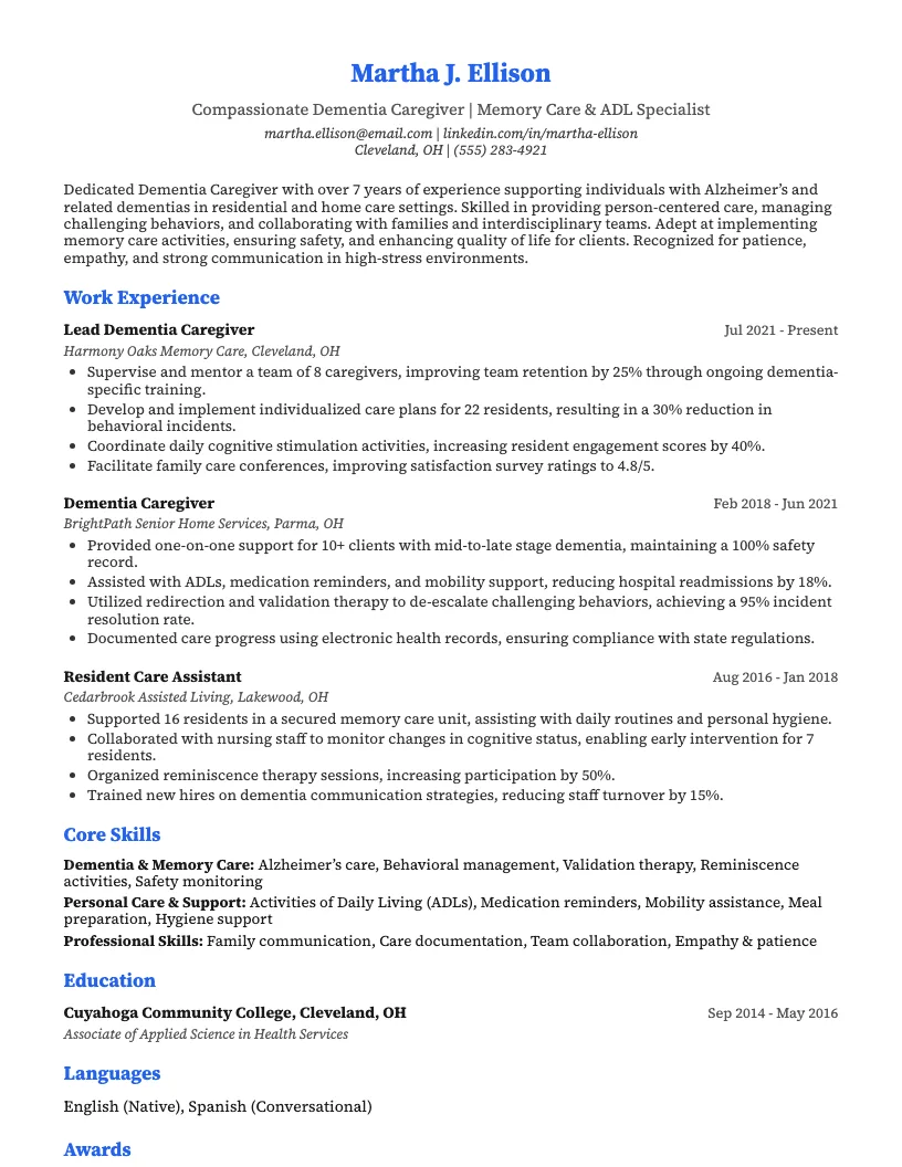 Dementia Caregiver Resume Example