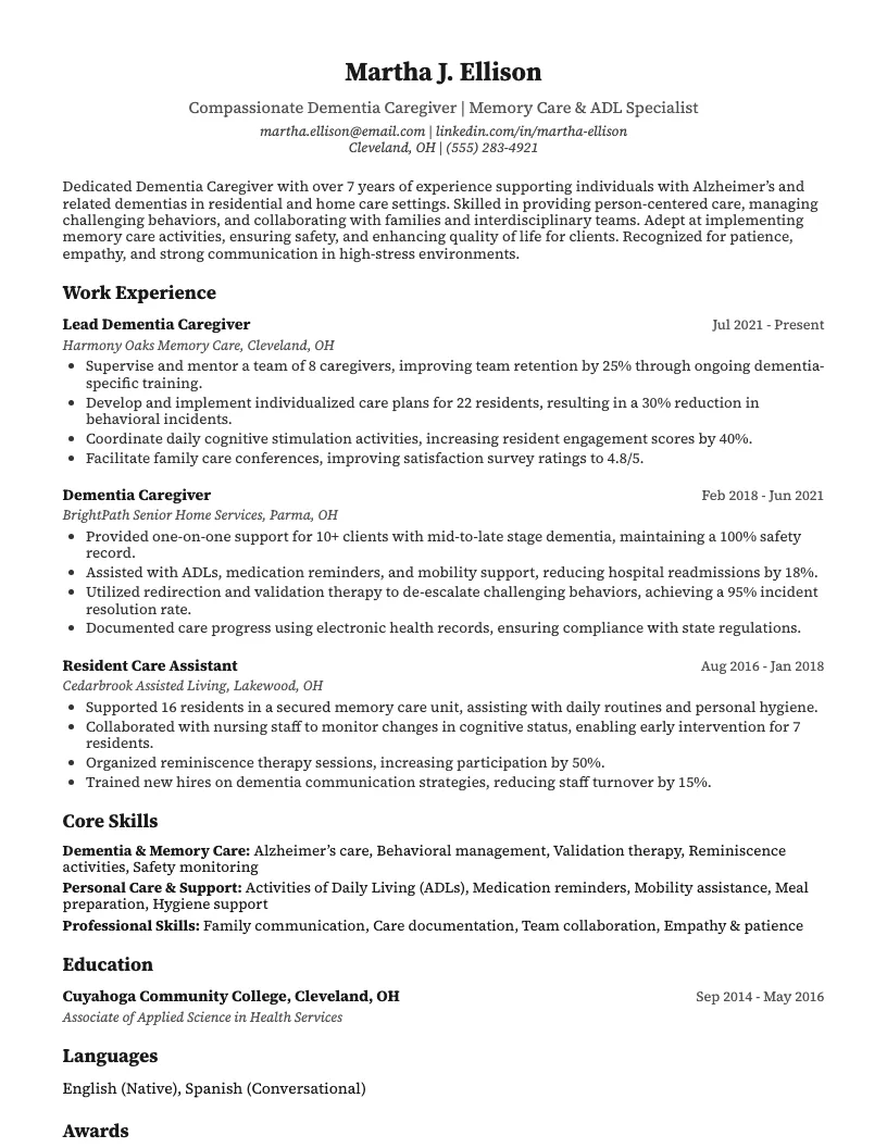 Dementia Caregiver Resume Example