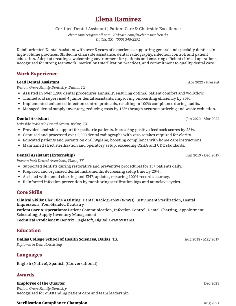 Dental Assistant Resume Example
