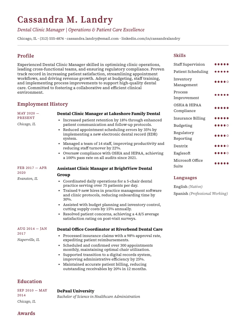 Dental Clinic Manager Resume Example