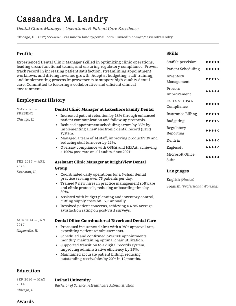 Dental Clinic Manager Resume Example