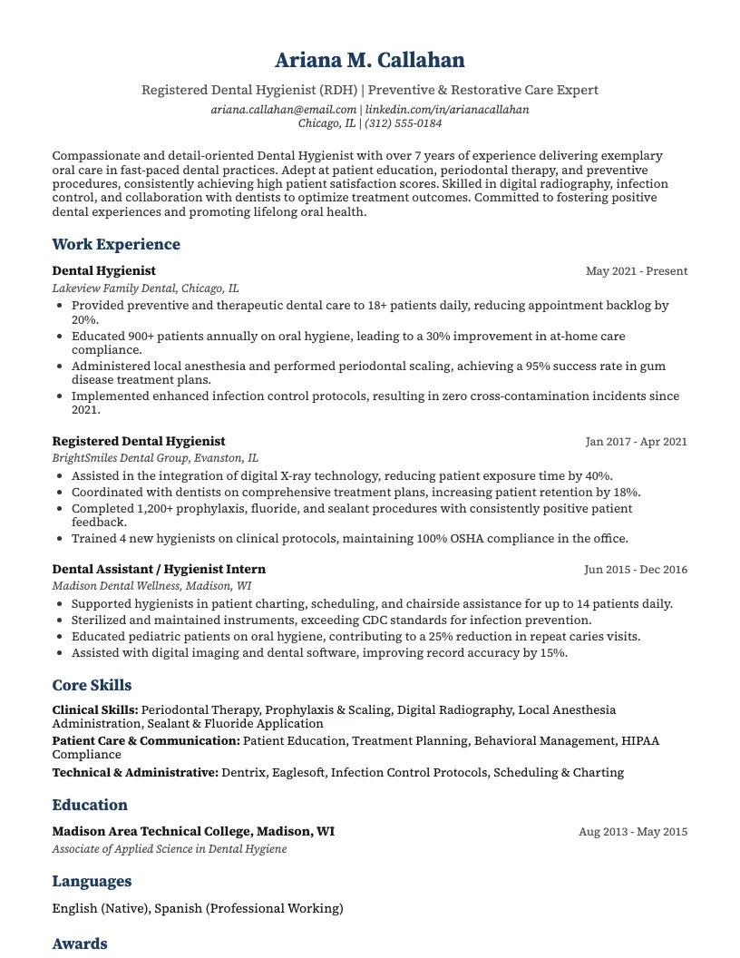 Dental Hygienist resume example