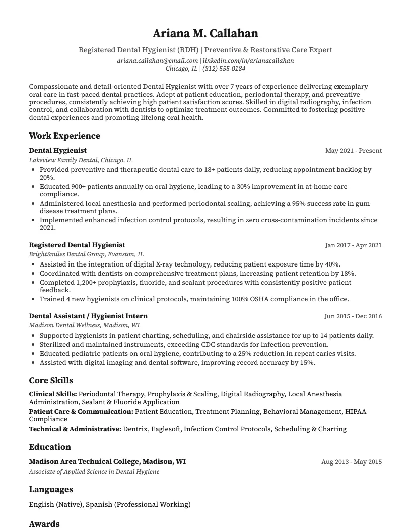 Dental Hygienist Resume Example
