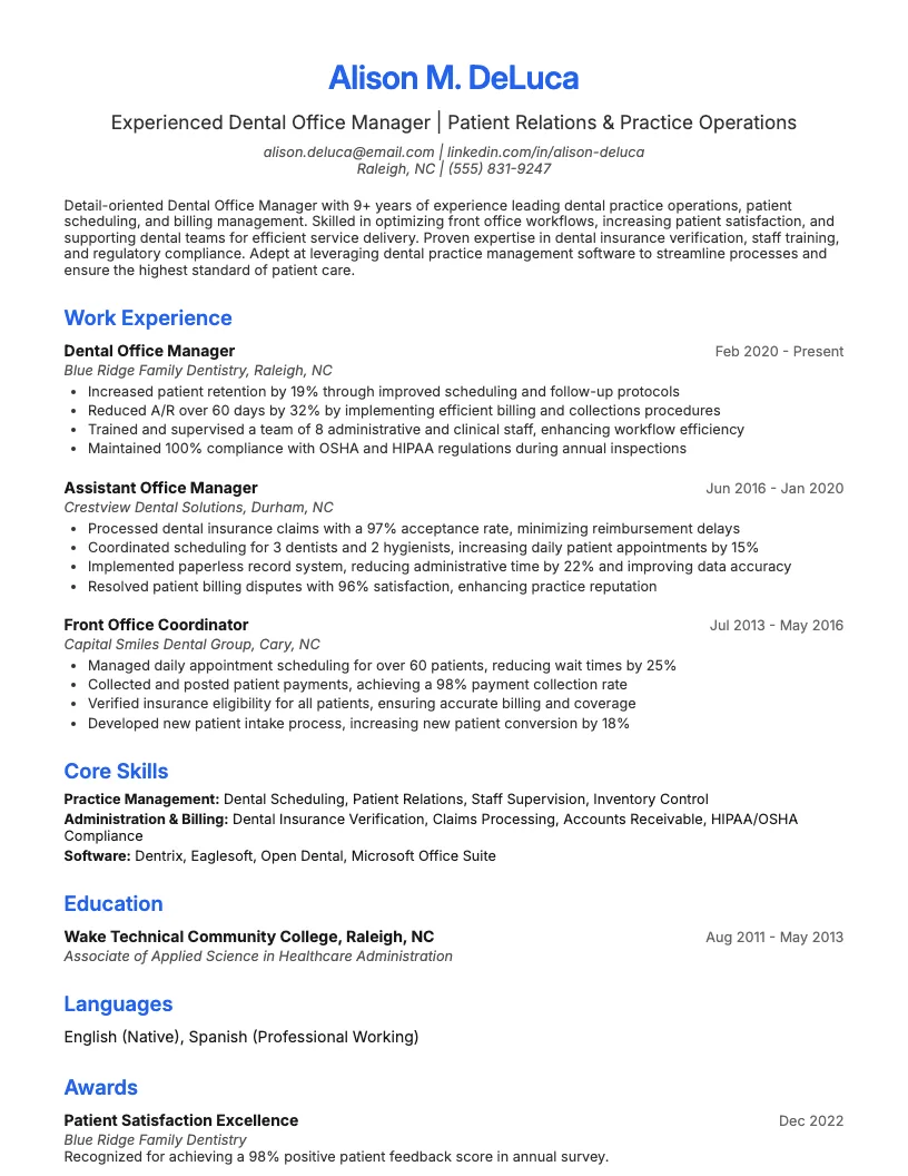 Dental Office Manager Resume Example