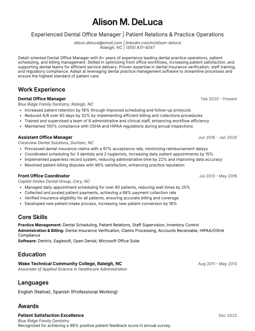 Dental Office Manager Resume Example