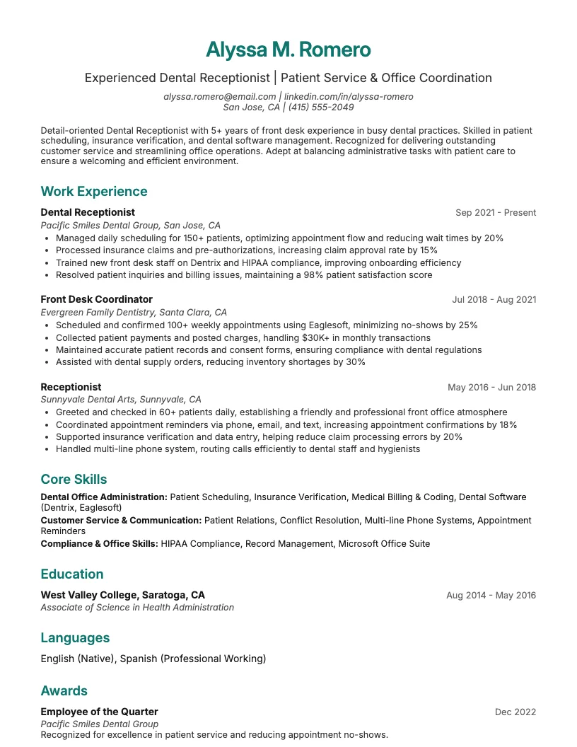 Dental Receptionist Resume Example
