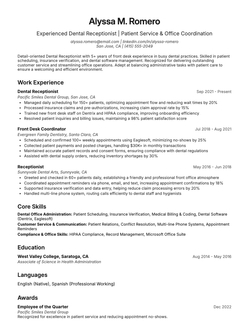 Dental Receptionist Resume Example