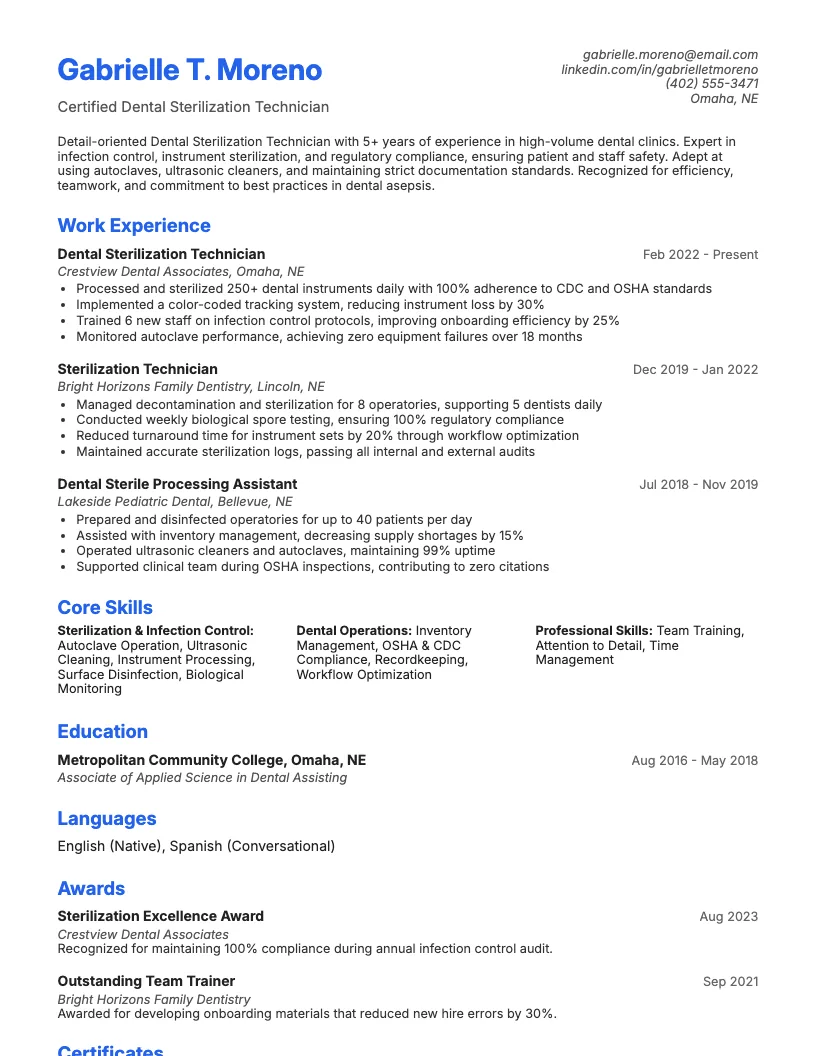 Dental Sterilization Technician Resume Example