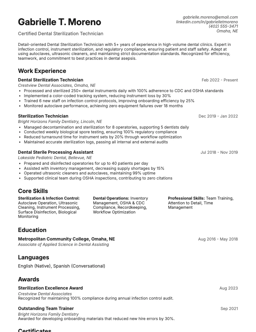 Dental Sterilization Technician Resume Example