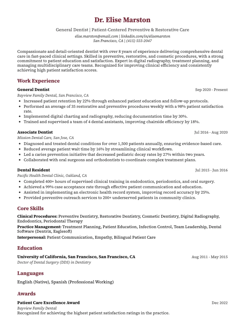 Dental Specialist Resume Example