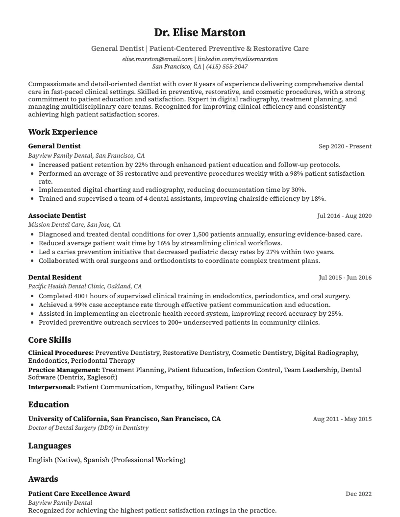 Dentist Resume Example