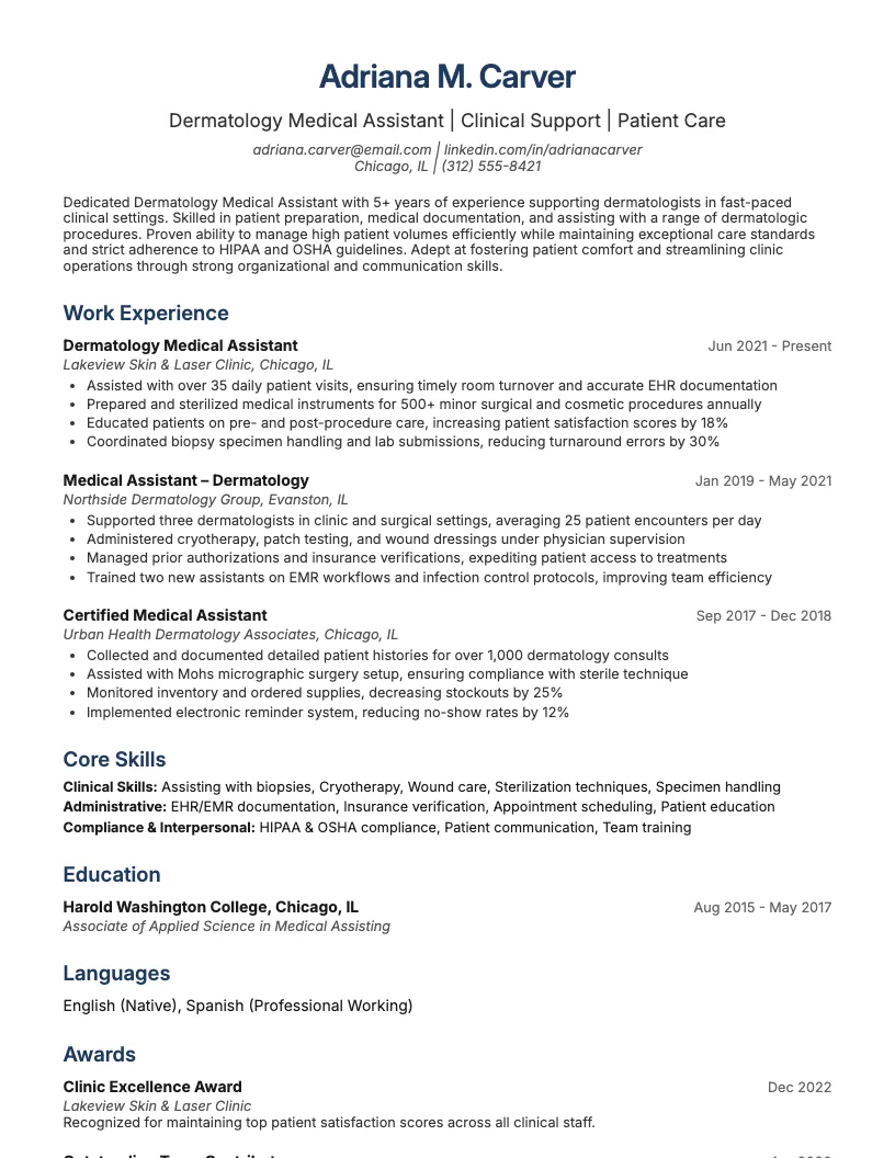 Dermatology Medical Assistant Resume Example
