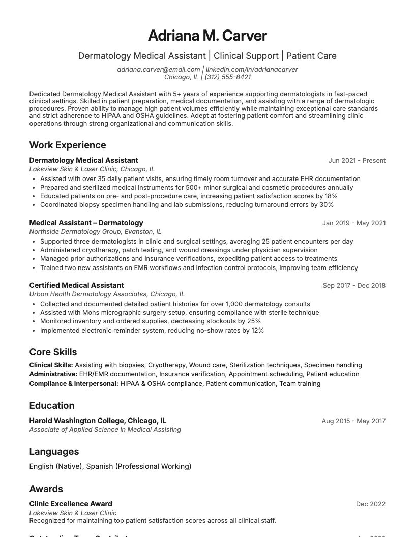 Dermatology Medical Assistant Resume Example