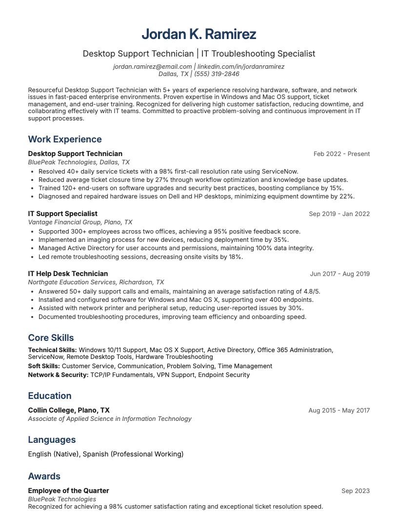 Desktop Support Technician Resume Example