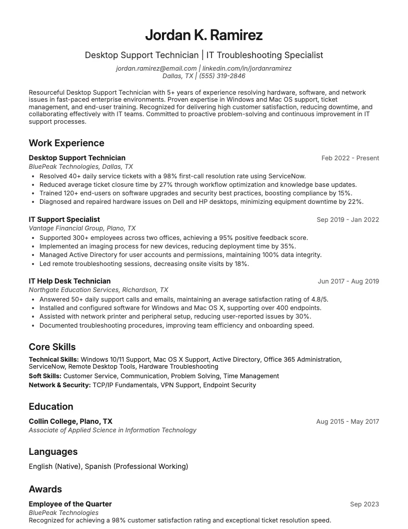 Desktop Support Technician Resume Example