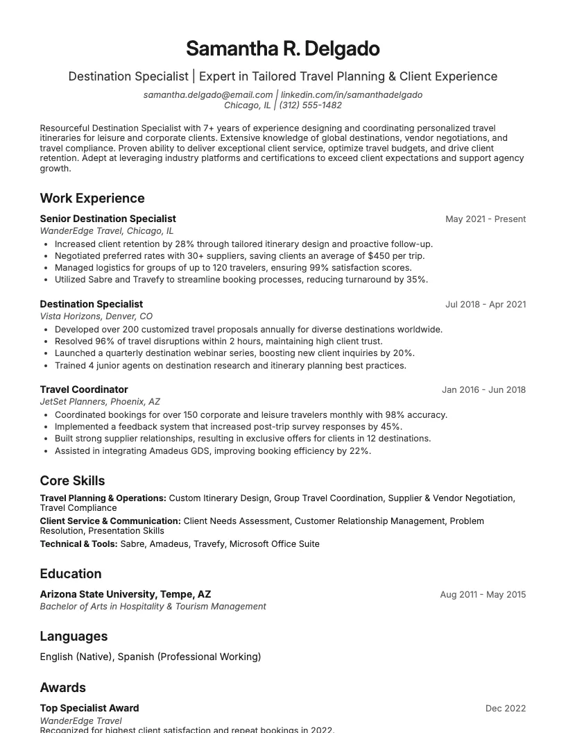 Destination Specialist Resume Example