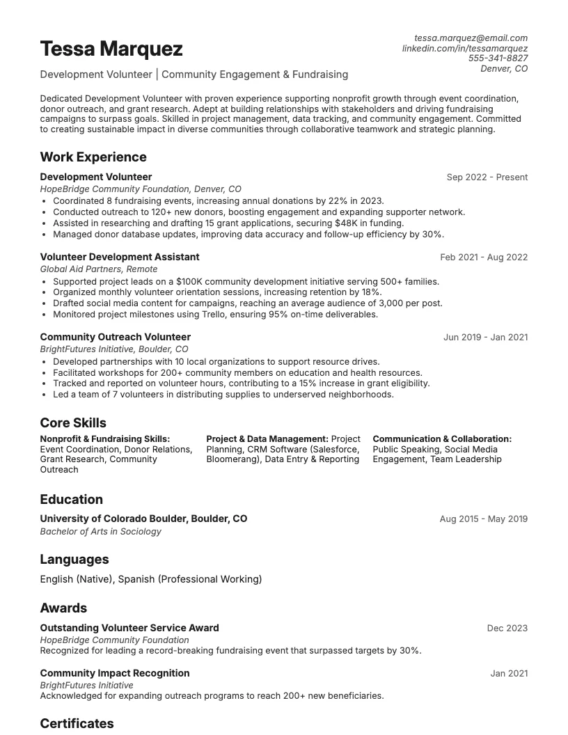 Development Volunteer Resume Example