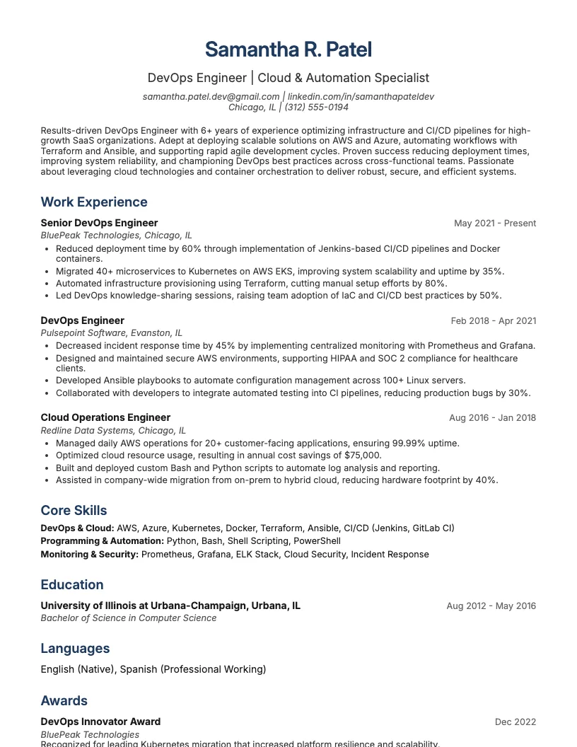 DevOps Engineer resume example