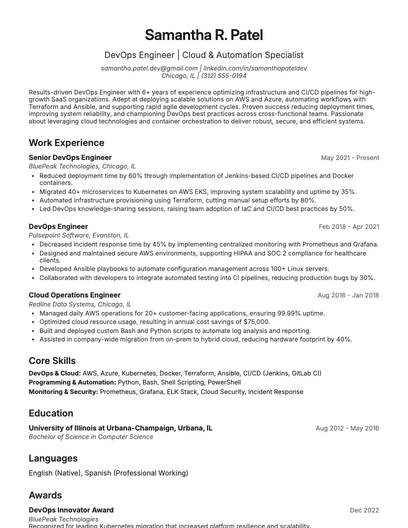 Devops Engineer Resume Example