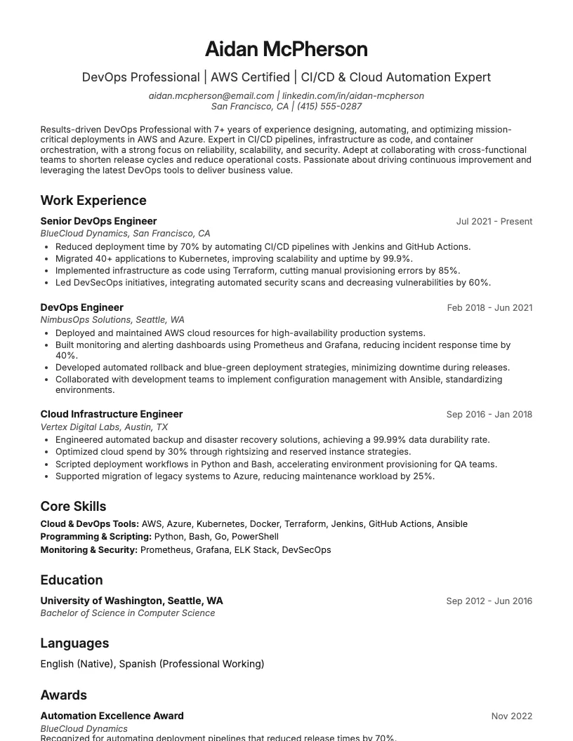 Devops Professional Resume Example