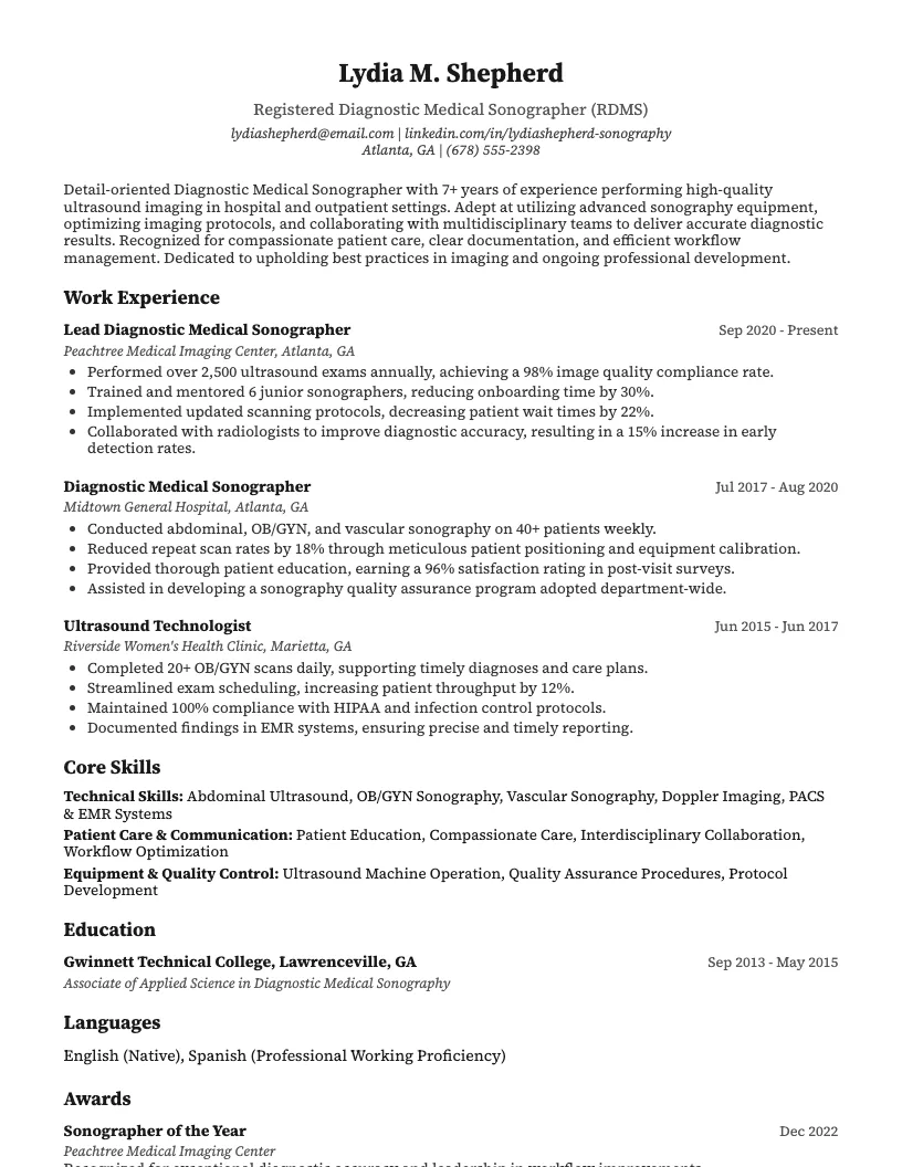 Diagnostic Medical Sonographer Resume Example