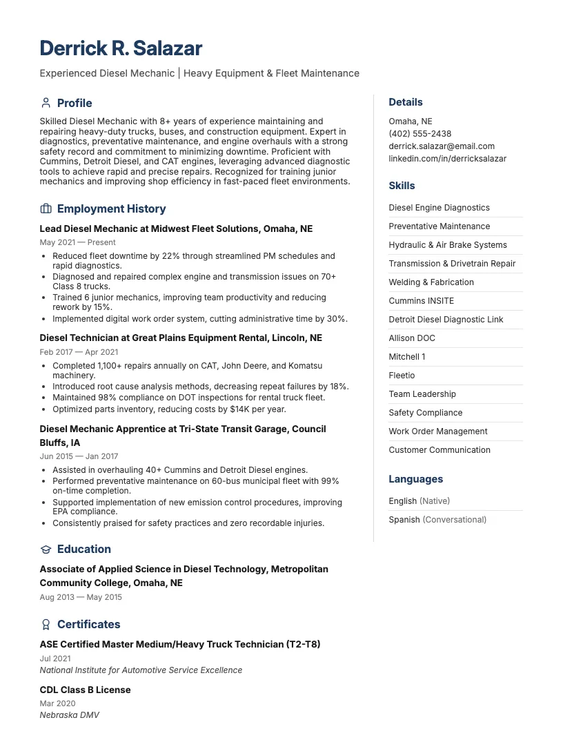 Diesel Mechanic Resume Example