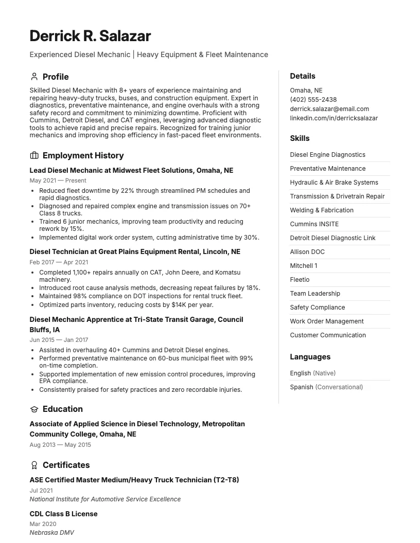 Diesel Mechanic Resume Example