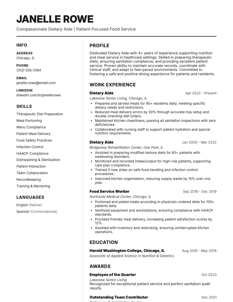 Dietary Aide Resume Example