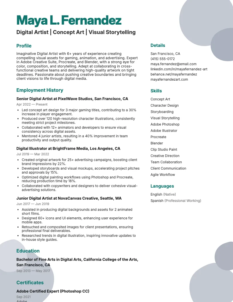 Digital Artist Resume Example
