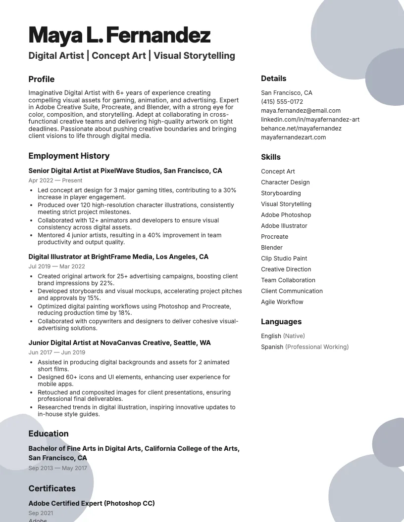 Digital Artist Resume Example