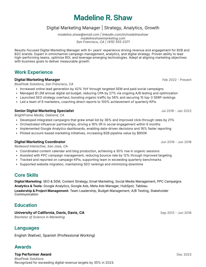 Digital Marketing resume example