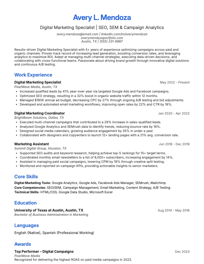 Digital Marketing Specialist Resume Example