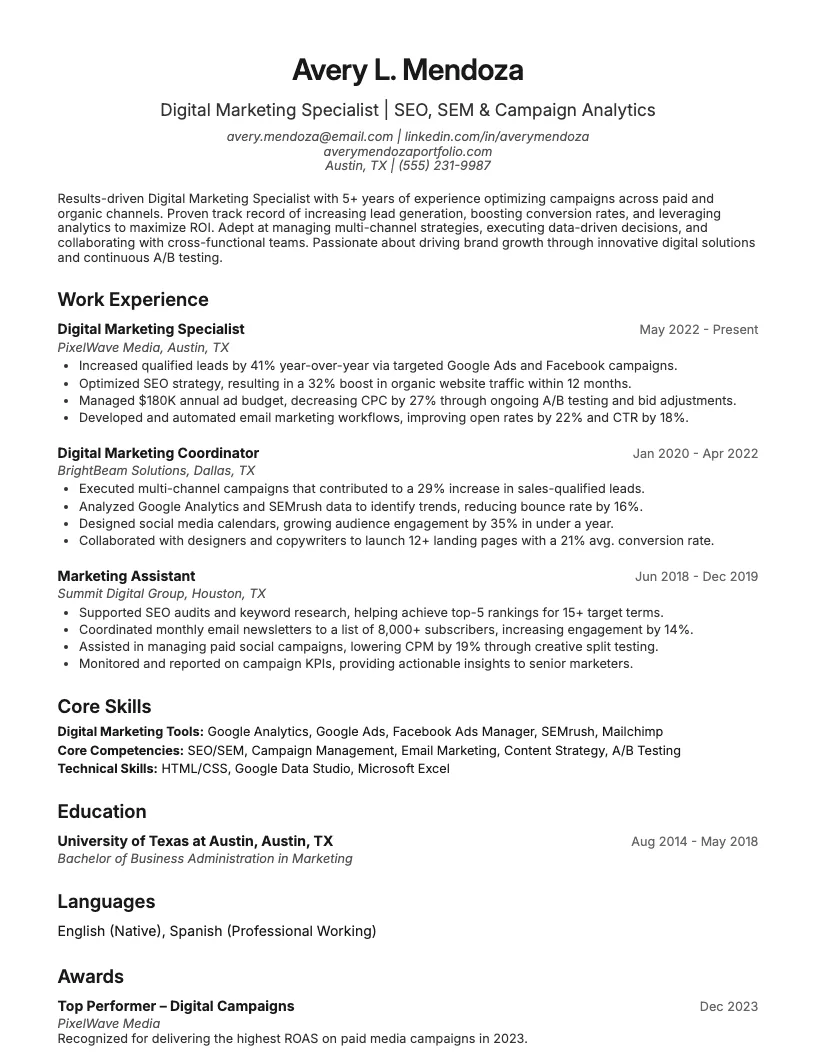 Digital Marketing Specialist Resume Example